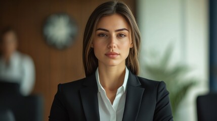 Fototapeta premium Female leader at a high-level political meeting, elegant suit, serious expression, respect and strength. generative ai