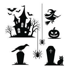 Collection of Halloween-themed vector pumpkins, bats, and spooky element design.