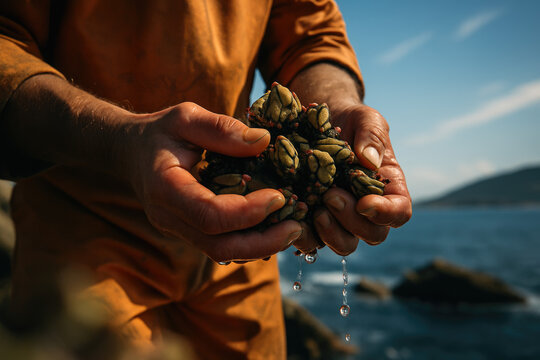 Weathered Fishermen&rsquo;s Hands from Galicia and Minho Holding Fresh Gooseneck Barnacles from the Atlantic Coast, seafodd paradise. percebes, turtle-claw barnacles. 