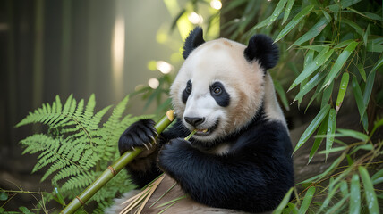 Obraz premium Peaceful Giant Panda in Lush Bamboo Forest with Dappled Sunlight and Natural Calm