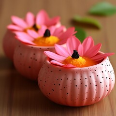Pink ceramic bowls with floral decorations and orange contents