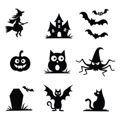 Collection of Halloween-themed vector pumpkins, bats, and spooky element design.