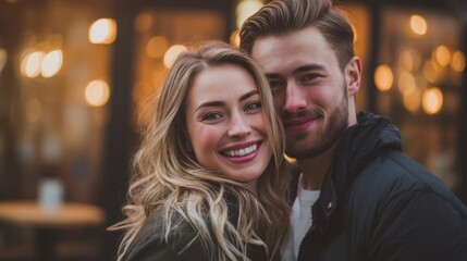 The smiling couple sharing a joyful moment in an urban setting at twilight.