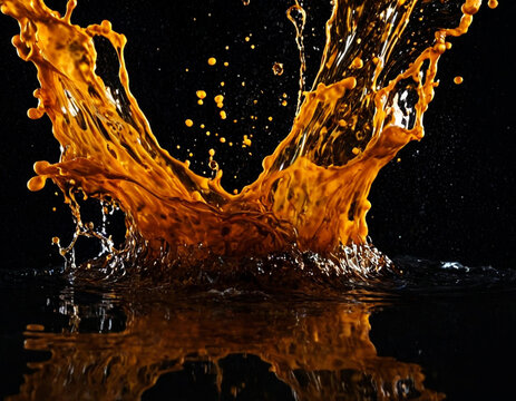 A vibrant orange liquid splashes dramatically against a black background, creating a dynamic and energetic image
