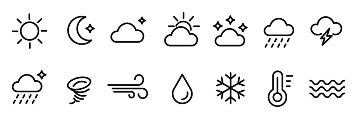 Weather forecast thin line icon set vector illustration. forecast, climate, cloud, sun, rain, meteorology line icon vector 