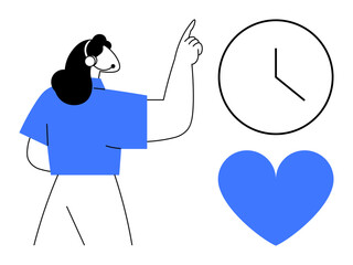 Woman with headset pointing at clock, blue heart signifying care. Ideal for time management, teamwork, communication, customer service, emotional well-being, balance, simple landing page