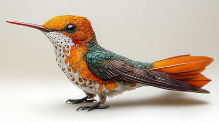 A digitally rendered image of a prehistoric hummingbird species, brought back to life through de-extinction, presented as a realistic and vibrant illustration against a white background 