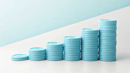 business graph with coins, 3d Baby blue coin stacks forming ascending steps

