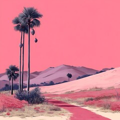 Pink desert landscape with palm trees and a winding path
