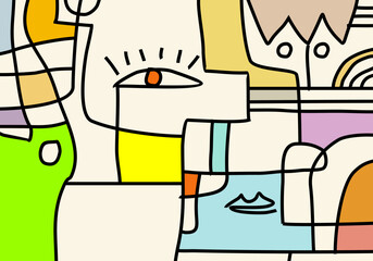 Colorful cubism-style abstract face composition featuring bold eyes