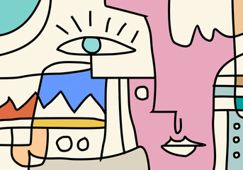 Colorful cubism-style abstract face composition featuring bold eyes