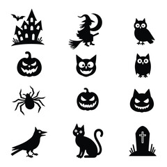 Collection of Halloween-themed vector pumpkins, bats, and spooky element design.