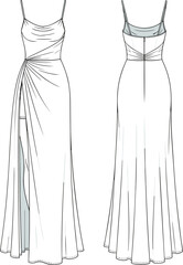 Elegant evening dress CAD illustration, long gown with slit, fashion flat sketch, vector design for dressmaking, technical drawing