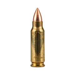 A high resolution close up of a copper jacketed hollow point bullet showcasing intricate hollow tip design on a clean white backdrop