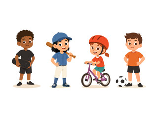 Children ready for sports: skateboarding, baseball, cycling with helmet, and soccer with a ball. Happy and active kids. Vector illustration.