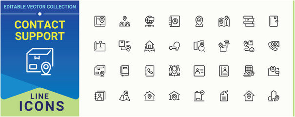 Contact Support linear icon set. Contains related to email, personal information, address, chat, contact, location and more. Address modern icon set. Minimal linear icons. Editable vector stroke.
