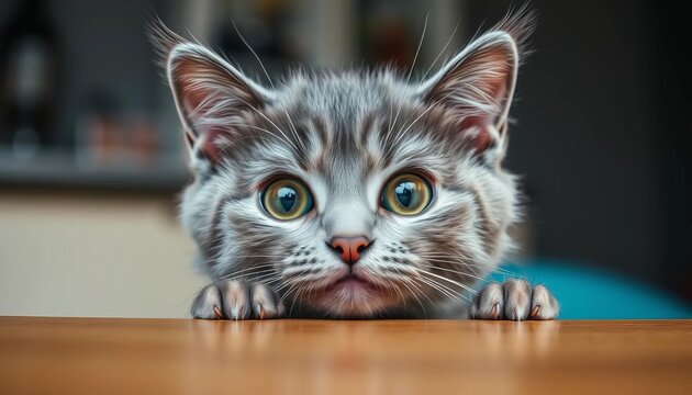 Playful grey cat peering from tabletop, wide curious eyes,   photography,   adorable cat