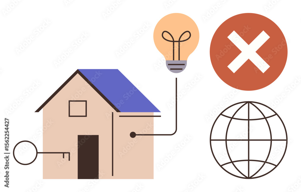 Poster house with key access, lightbulb denoting innovation, a globe for connectivity, and a red cross for 