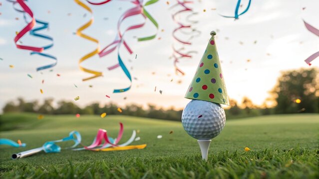 Golf-themed celebration event with a golf ball on the tee, wearing a party hat, and blow-out streamers