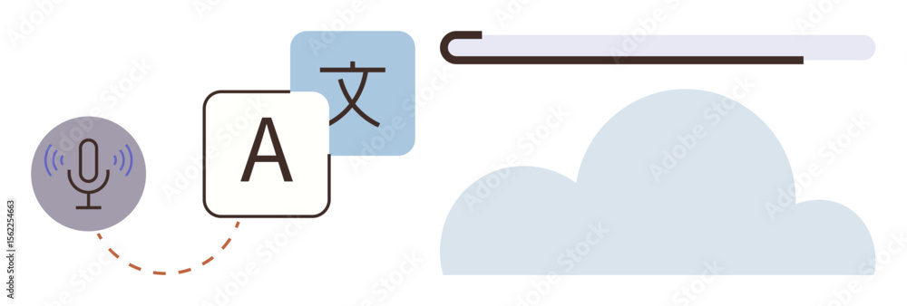 Poster speech microphone icon linked to language symbols, text input bar, and cloud. ideal for translation,