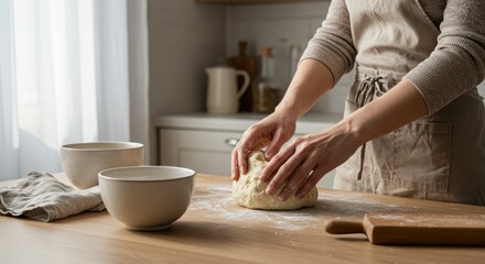 Person kneading dough in kitchen