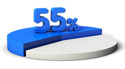55% blue and white pie chart isolated on transparent background. 3d illustration.	
