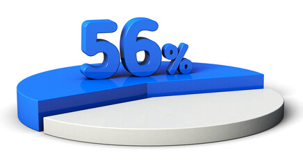 56% blue and white pie chart isolated on transparent background. 3d illustration.	