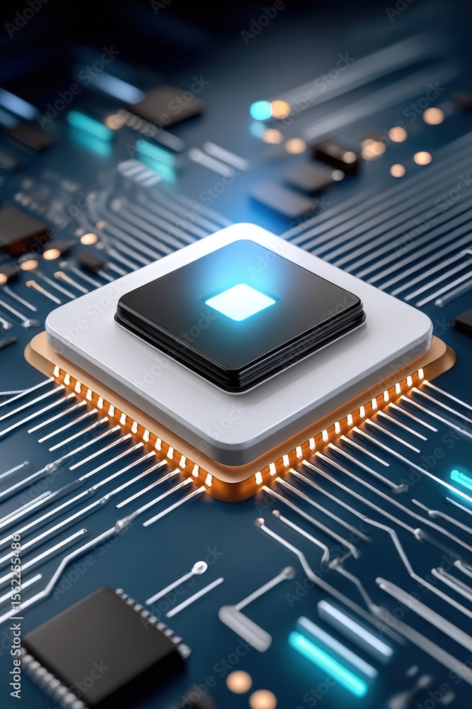 Poster close-up of a glowing computer chip on a blue circuit board