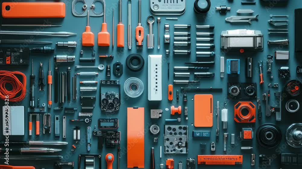 Poster collection of varied tools and components arranged on a dark surface showcasing an organized workspa