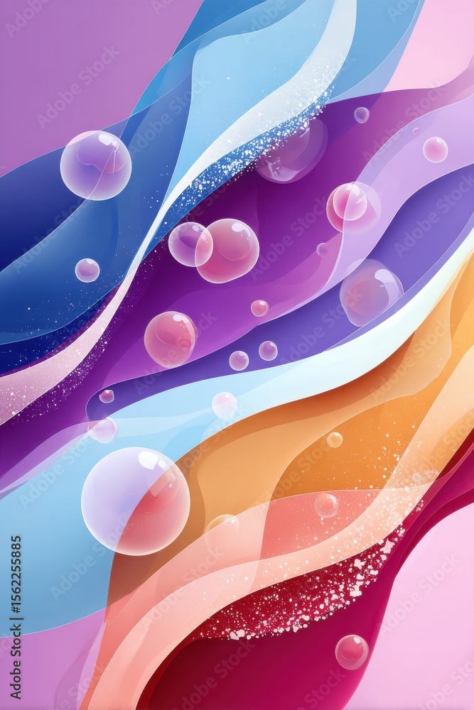 Poster colorful fluid shapes with spherical bubbles and gradient background