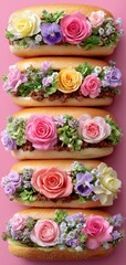 Naklejka premium Colorful pastries adorned with fresh flowers, showcasing a unique and artistic dessert presentation.