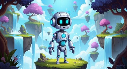 Whimsical floating islands with a charming friendly robot standing on a grassy platform