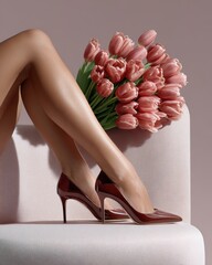 Elegant high heels paired with fresh tulips, embodying style and femininity in a chic setting.
