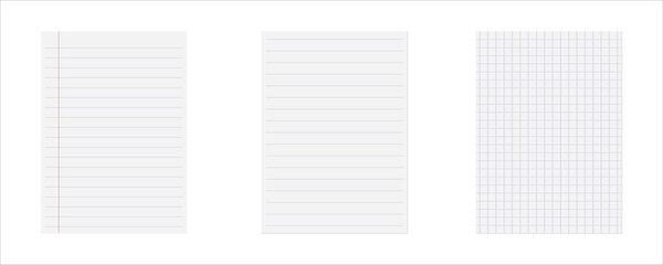 Vector Set of Lined and Graph Paper Sheets – Notebook Templates for Writing, Drawing, and Planning on White Background