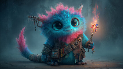 Cute and colorful fantasy creature with big eyes and a magic wand, dressed as an adventurer.