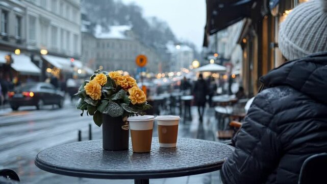 Winter cafe scene with coffee, flowers, and a person bundled up on a snowy street.