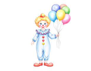 Obraz premium A cheerful clown holds colorful bunch of balloons, spreading joy and festive atmosphere