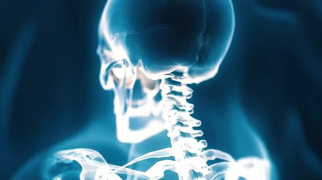 Human skeleton with glowing skull captured in blue light against a dark background