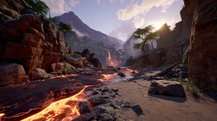 Lava river flows through a canyon. Mountains rise