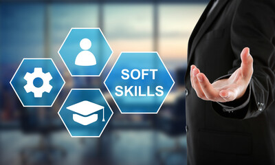 Professional Man Presenting Soft Skills Concept: Essential Skills, Education, and Expertise for Business Success. Modern Office Background