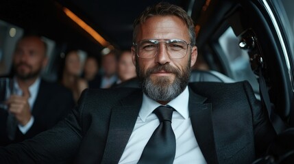 A confident businessman with a well-groomed beard wearing stylish glasses sits in a luxurious limousine, exuding an air of success and sophistication. Behind him, other elegantly dressed individuals 
