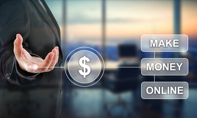 Make Money Online: Businesswoman Hand Gesturing Dollar Sign, Digital Finance Concept, Online Earning, Financial Success, Wealth, Investment, Stock Photo