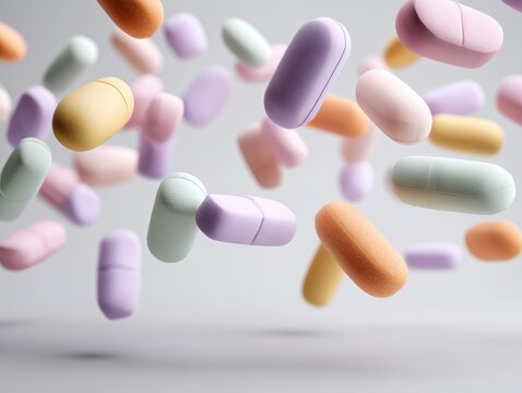 A vibrant array of colorful capsules floats in mid-air, showcasing modern medication diversity and design.
