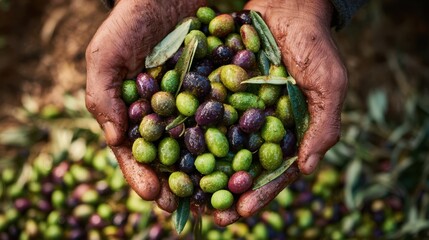 The hands holding a fresh harvest of colorful olives from the orchard.