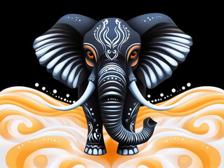 Majestic black elephant illustration adorned with intricate white patterns, standing against a vibrant orange and white wave background, symbolizing strength and grace in nature