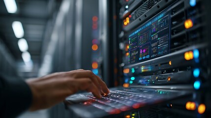 Close up of a person s hands typing on a laptop in a server room with glowing lights