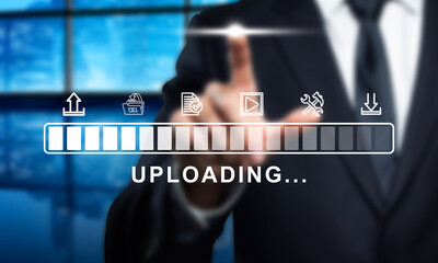 Business Professional Uploading Data to Cloud Network with Progress Bar. Modern Technology Concept for File Transfer and Digital Transformation