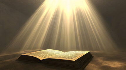 Open book bathed in golden light, rays emanating from above.  Ancient, illuminating text