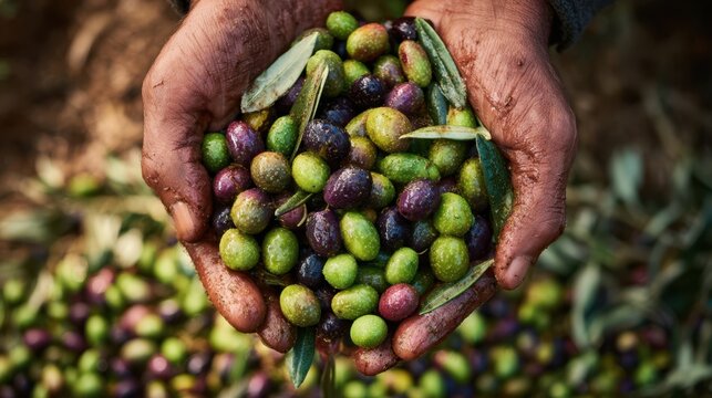 The hands holding a fresh harvest of colorful olives from the orchard.