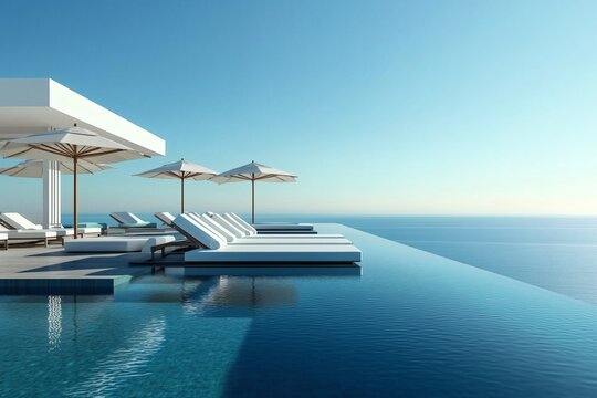 Serene poolside view featuring luxurious white lounge chairs and sun umbrellas overlooking the calm ocean under a clear blue sky.